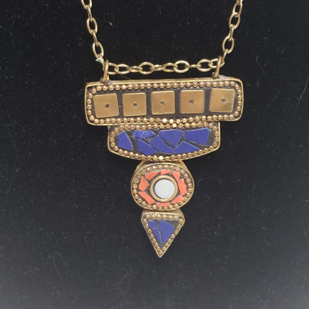 Blue/Orange/Metal Pendant Necklace on 30" Chain
